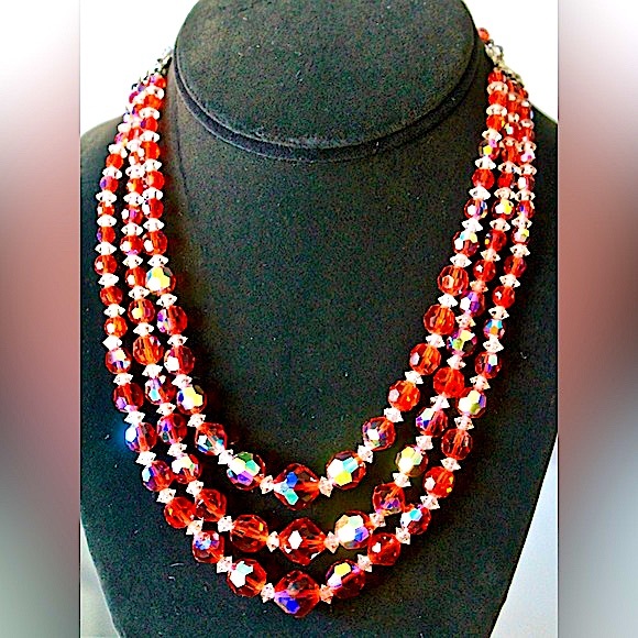 LAGUNA NECKLACE BRACELET EARRING VINTAGE 3PC SET ORANGE & CLEAR AURORA BOREALIS - Picture 4 of 11